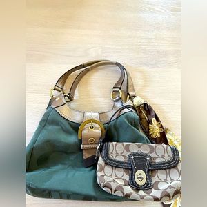 Coach green and gold shoulder bag, brown signature wristlet & detachable scarf